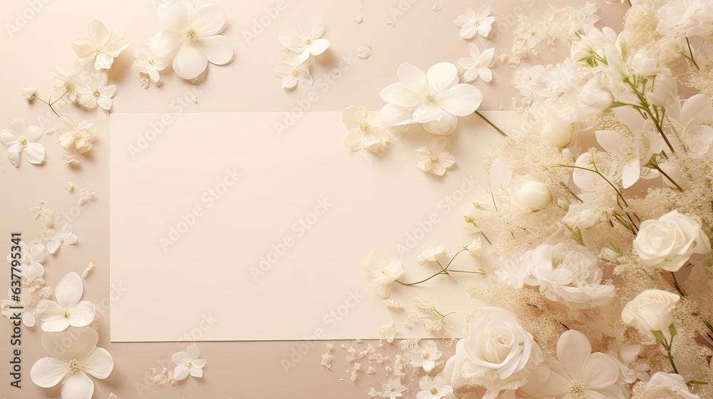 Naklejka premium Mockup of summer wedding stationery with solid color cards and invitations on beige background adorned with white flowers Includes natural light and shadow overl
