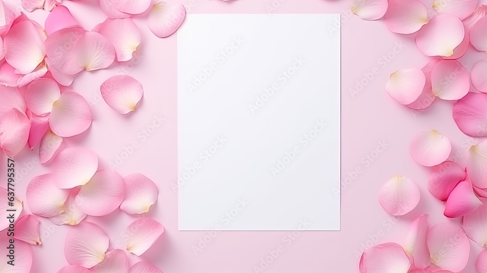 Minimal Valentine s Day template with a blank card pink rose petals in flat lay view. Mockup image
