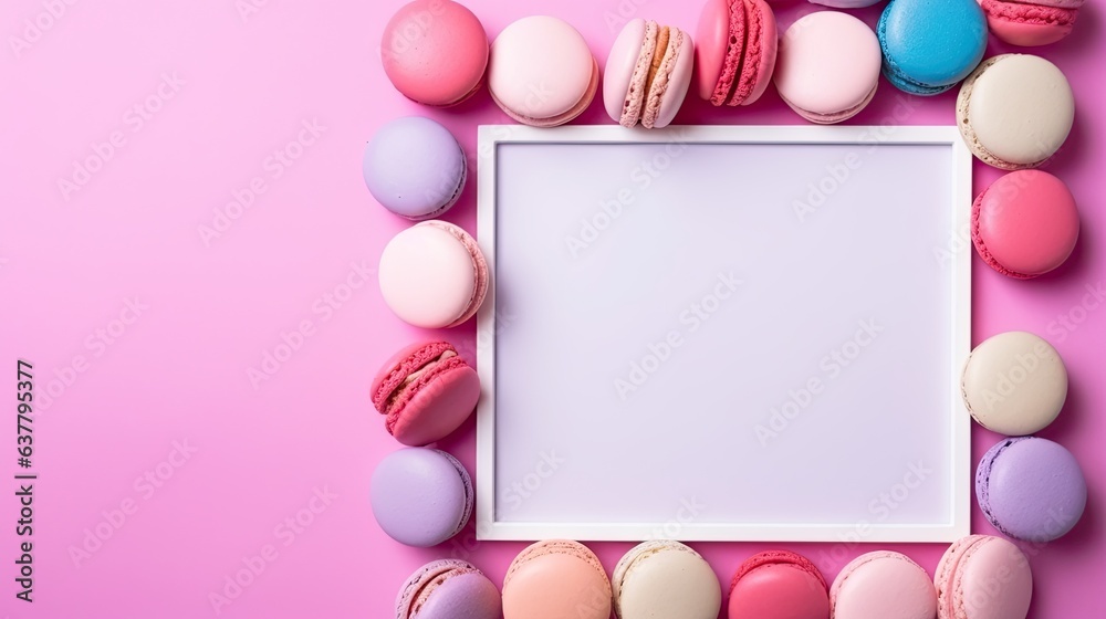 Colorful macaroon on a pink background with a square frame and copy space for a holiday invitation or birthday party. Mockup image Colorful macaroon on a pink background with a square frame and copy space for a holiday invitation or birthday party. Mockup image