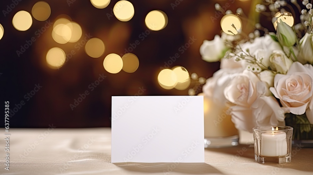 Obraz premium Blank white card for various purposes like greeting table number or wedding invitation template on wedding table background with clipping path. Mockup image