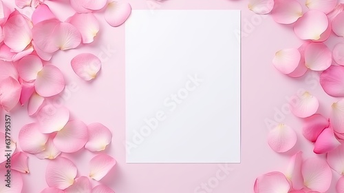 Minimal Valentine s Day template with a blank card pink rose petals in flat lay view. Mockup image