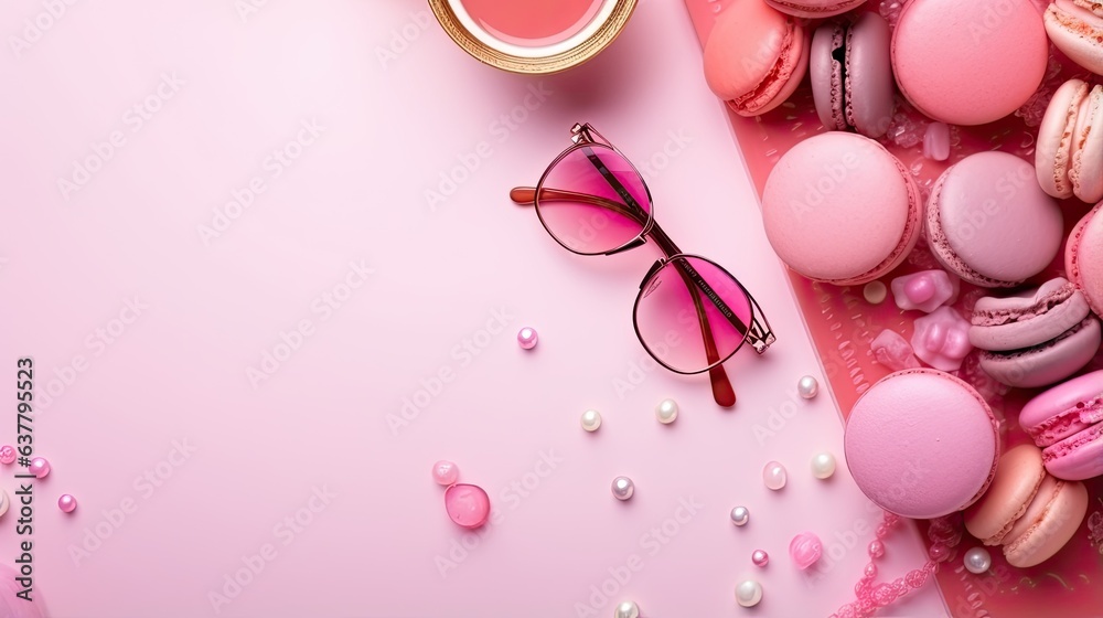 Pink themed accessories and treats for girls gatherings including watches glasses hairpins pen macaroons and a frame for mockup of copy space