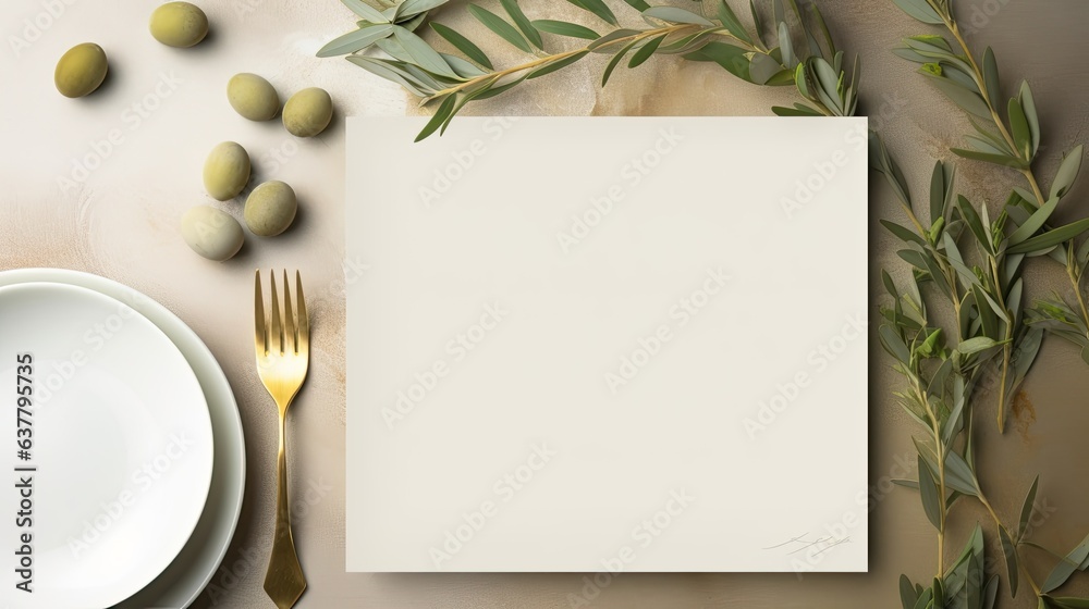 Top view of an elegant wedding table with invitation card and porcelain plates adorned with olive branches A modern template with a blank vertical paper card lai . Mockup image Top view of an elegant wedding table with invitation card and porcelain plates adorned with olive branches A modern template with a blank vertical paper card lai . Mockup image