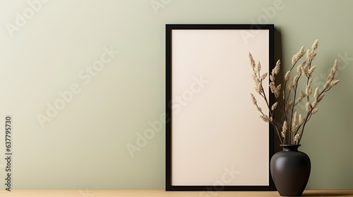 Minimalist art poster template with floral home interior decoration featuring an empty black picture frame copy space green glass vase willow tree branches beige. Mockup image