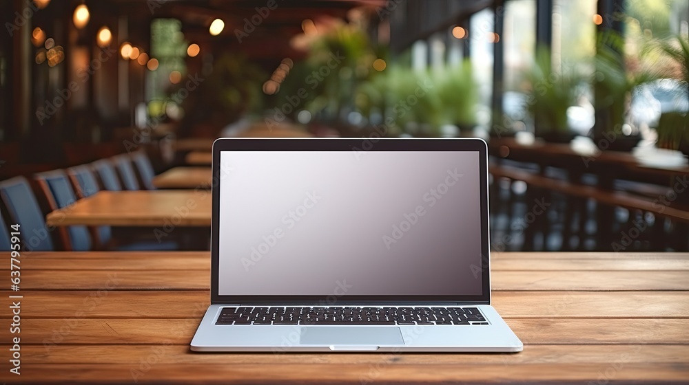 A photo of a hand using a laptop with a blank screen on a wooden table in a cafe . Mockup image A photo of a hand using a laptop with a blank screen on a wooden table in a cafe . Mockup image