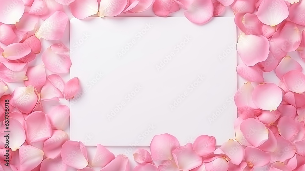 Aesthetic flower arrangement on blank branding card with pink rose petals . Mockup image