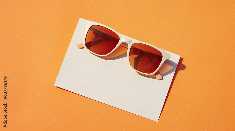 Minimal aesthetic business brand template with empty card glasses orange background and sunlight shadows Flat lay top view. Mockup image Minimal aesthetic business brand template with empty card glasses orange background and sunlight shadows Flat lay top view. Mockup image