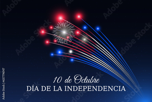 October 10th, independence day cuba, cuban flag fireworks on blue night sky background. Cuba national holiday. Greeting card. Vector. Translation: October 10th Independence Day
