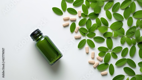 Top view of a medicine bottle with vitamin tablets and green leaves a mock up for organic bio supplements. Mockup image