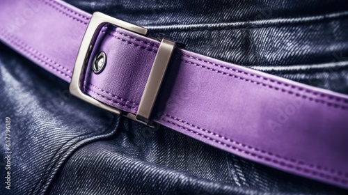 Purple jeans with blank tag leather belt label sticker and empty white space. Mockup image