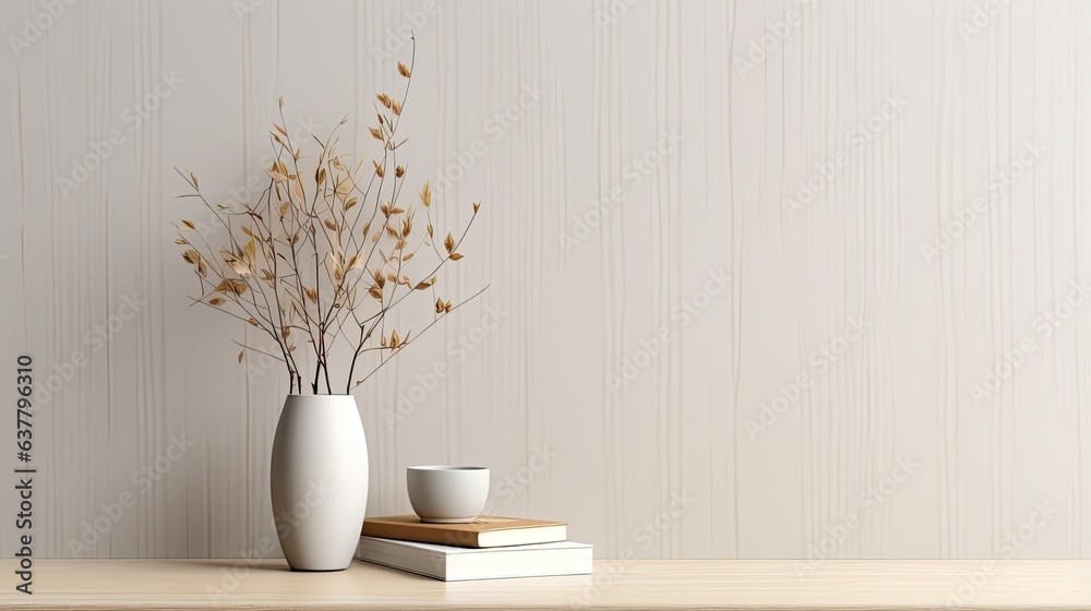 Eucalyptus branch in a modern vase coffee and old books on wooden table Empty mockup of beige wall Elegant living room with Scandinavian minimalist d - obrazy, fototapety, plakaty 