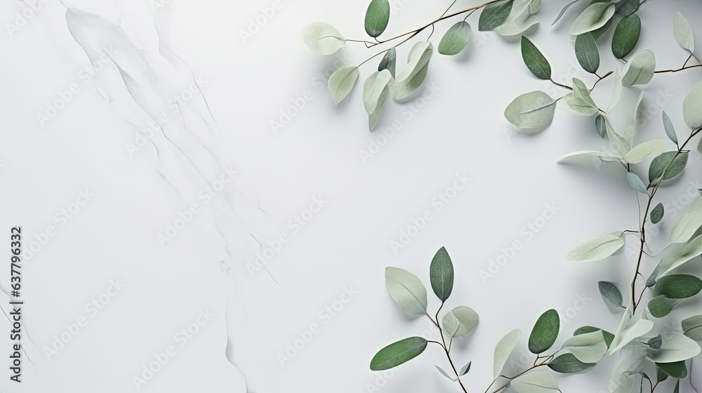Eucalyptus branches on pastel gray background with copy space Top view. Mockup image Eucalyptus branches on pastel gray background with copy space Top view. Mockup image