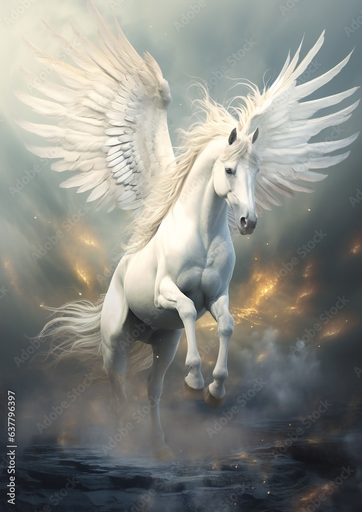 Naklejka premium Pegasus flying in the sky, vertical realistic illustration