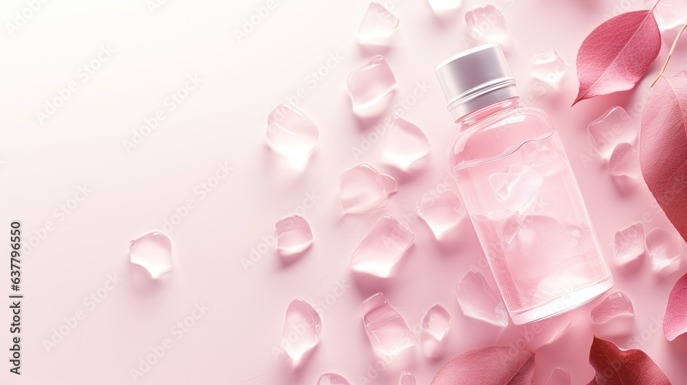 Pink unlabeled cosmetic product mockup placed on ice cubes with frozen gotu kola leaves on beige background for advertising purposes Pink unlabeled cosmetic product mockup placed on ice cubes with frozen gotu kola leaves on beige background for advertising purposes
