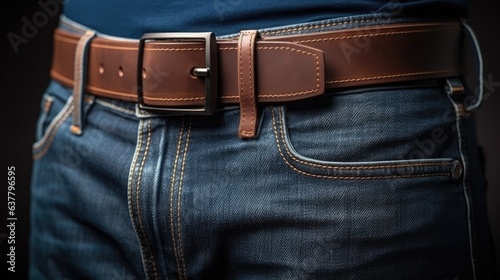 Blue denim jeans with a leather belt label sticker tab tag and empty white space . Mockup image