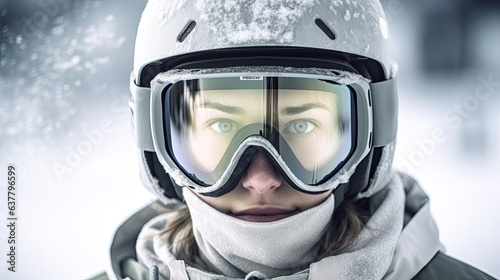 Happy smiling female snowboarder wearing a helmet and ski googles with reflection of snow-capped Alps. Close up portrait cheerful woman on ski vacation. Copy space