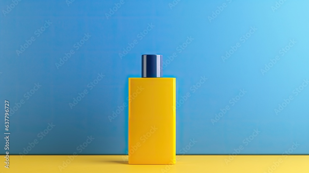 Front view mockup template of a blue rectangular spray perfume bottle on a yellow background with copy space Front view mockup template of a blue rectangular spray perfume bottle on a yellow background with copy space