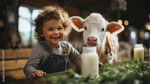 Tableau sur toile Baby Boy milk the cow, playing with cow on a milk meadow farm, happy face, brigh