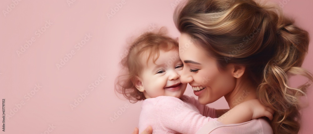 Portrait of a mother and child on pink background with copy space for text Portrait of a mother and child on pink background with copy space for text