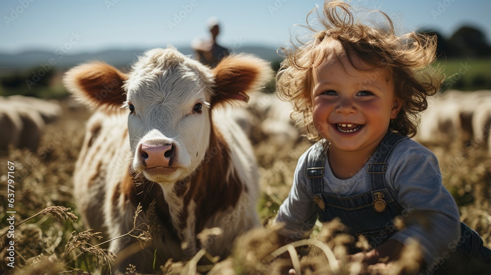 Baby Boy milk the cow, playing with cow on a milk meadow farm, happy ...