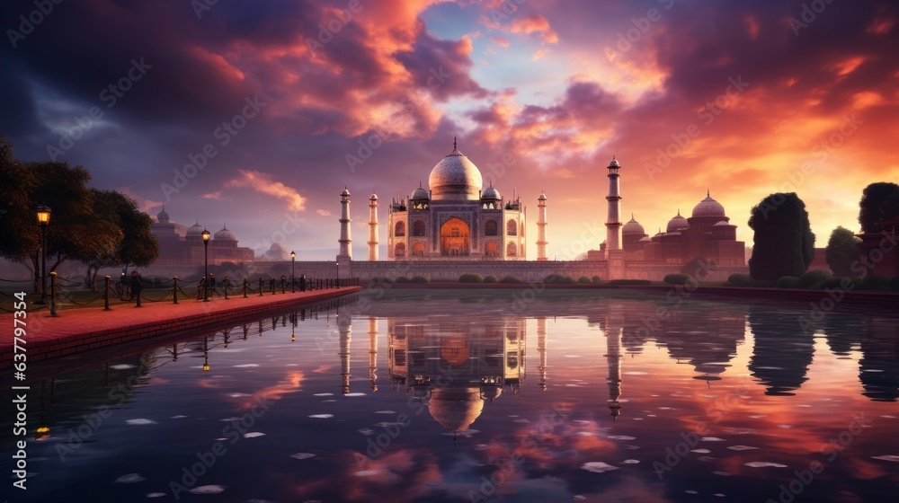 Obraz premium Cinematic low angle shot of Taj Mahal, breathtaking aurora light sky background,