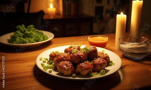vegan meatballs served with tomato sauce in frying pan. warm lighting. Generative AI