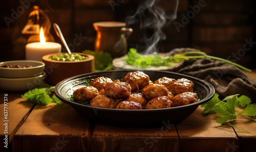vegan meatballs served with tomato sauce in frying pan. warm lighting. Generative AI
