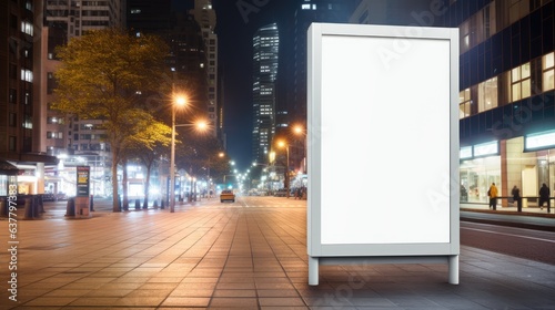 City background featuring mock up of vertical street poster billboard. Mockup image