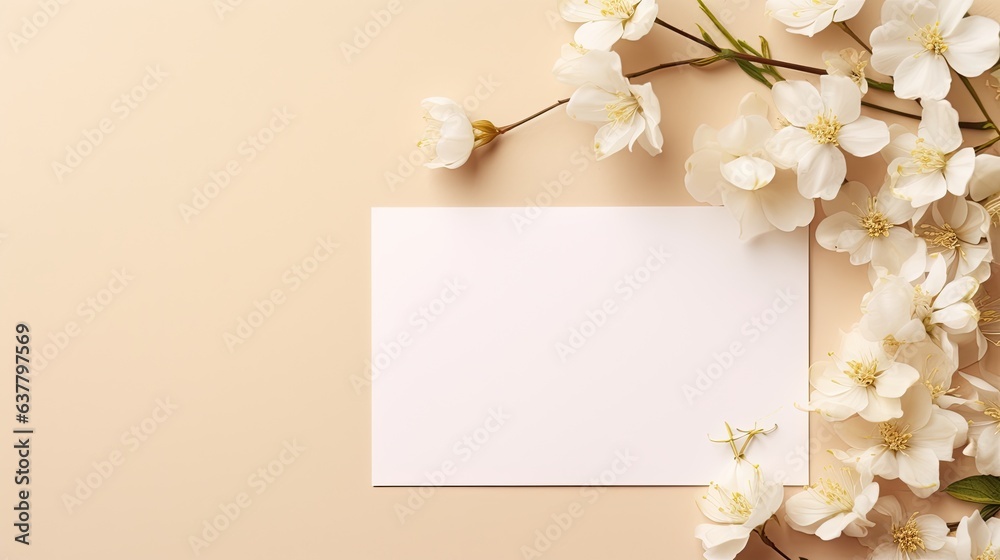 Mockup of summer wedding stationery with solid color cards and invitations on beige background adorned with white flowers Includes natural light and shadow overl