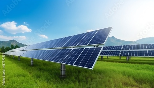 Solar panel with sunset background, green energy concept