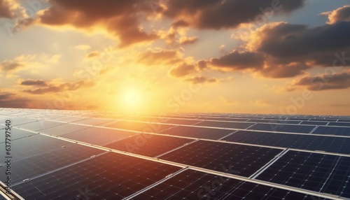 Solar panel with sunset background, green energy concept