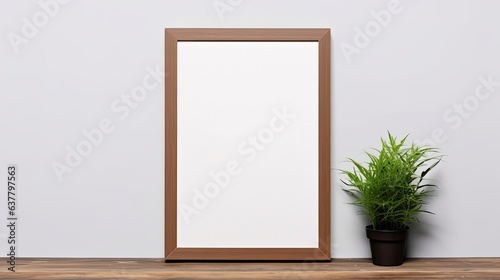 Large 50x70 wooden frame mockup on white wall Minimalistic clean design Show text or product © HN Works