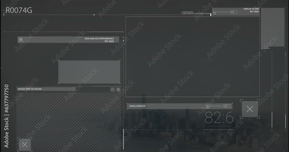 Animation of lines, changing numbers over abstract interface over modern cityscape