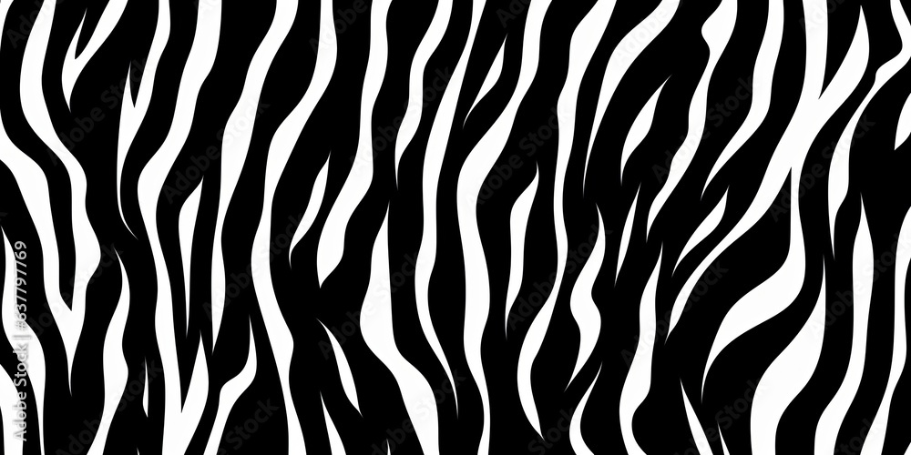 Seamless vertical zebra skin or tiger stripe pattern.Tileable black and white safari wildlife animal print background texture. Monochrome warbled abstract wavy wonky glitch lines fur coat,Generative A - obrazy, fototapety, plakaty 