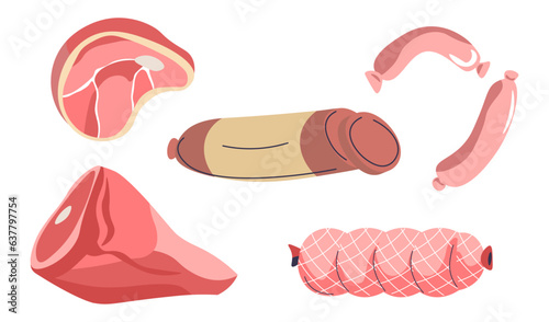 Meat products, sausage and pork or beef vector