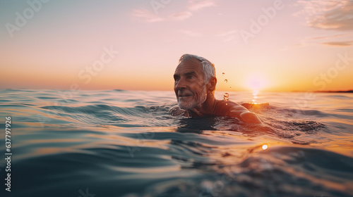 Senior man swimming in the Sea/Ocean - enjoying active retirement, having fun, taking care of himself, staying fit © PaulShlykov