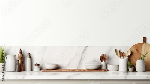 Modern kitchen setting with utensils on countertop space for text viewed from the front. Mockup image