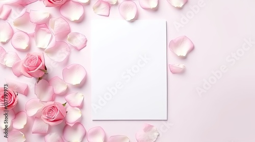 Minimal Valentine s Day card design with blank space and pink rose petals. Mockup image