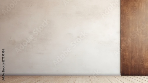 White cement building with closed wooden door and blank space for artwork. Mockup image