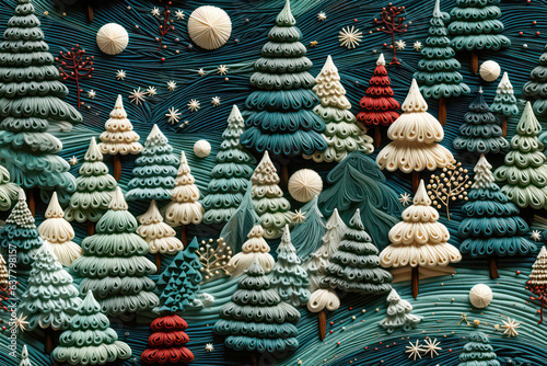 Tannenbäume in winterlicher Landschaft aus Garn gestickt auf Stoff als 3D-Textur Hintergrund oder Karte für Winter, Advent und Weihnachten.