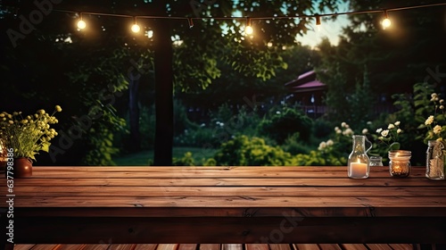 Unoccupied wooden table outdoors during a BBQ gathering . Mockup image