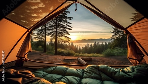 View of the serene landscape from inside a tent