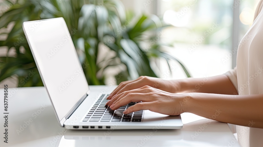 Woman freelancer working on laptop in her two level living room with white blank screen Mock up copy space available . Mockup image Woman freelancer working on laptop in her two level living room with white blank screen Mock up copy space available . Mockup image
