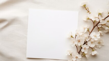 Neutral background with floral branch and copy space card Wedding and birthday invitation template Flat lay view. Mockup image
