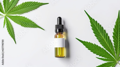 Closeup of a dropper bottle with a blank label pipette and green cannabis leaves on white background Mockup with copy space Natural CBD oil