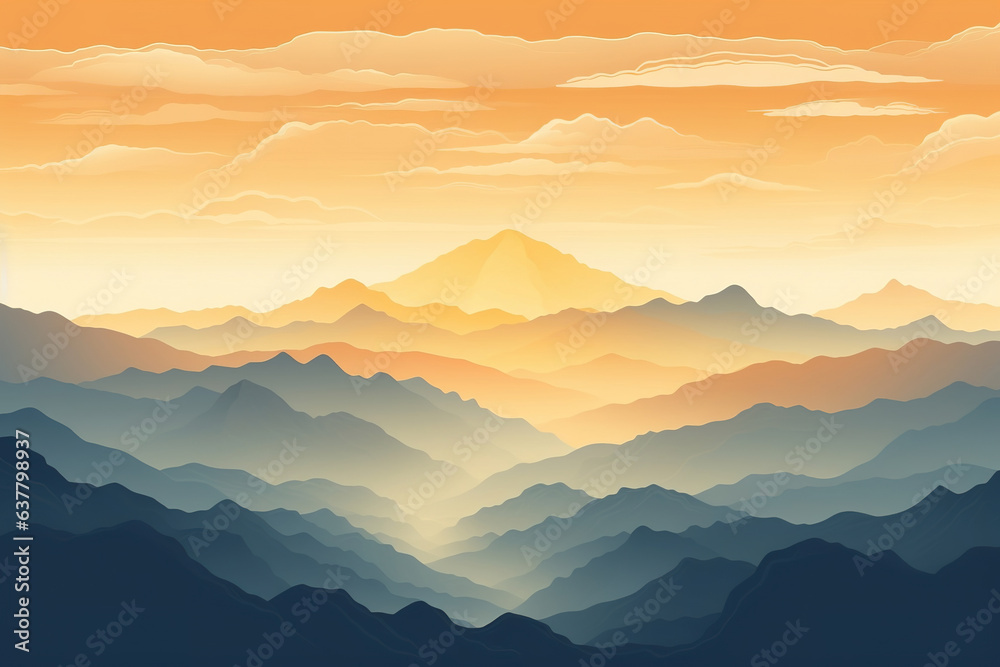 Illustration of mountain top view with sunrise light