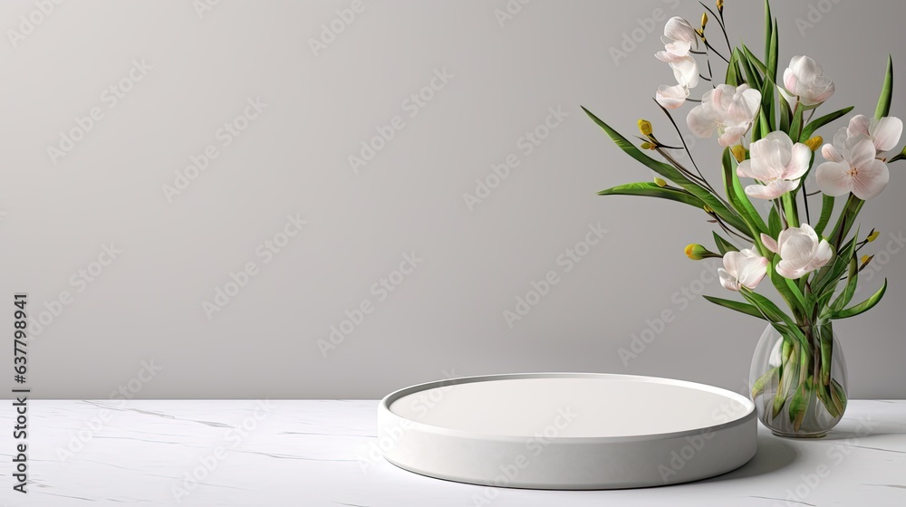 Round empty podium with white flowers on light grey background Natural frame for advertising Copy space Flat lay. Mockup image Round empty podium with white flowers on light grey background Natural frame for advertising Copy space Flat lay. Mockup image