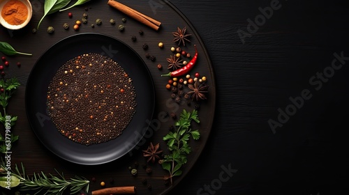 Fototapeta Naklejka Na Ścianę i Meble -  Copy space top view mockup of food photo with empty black plate and spices