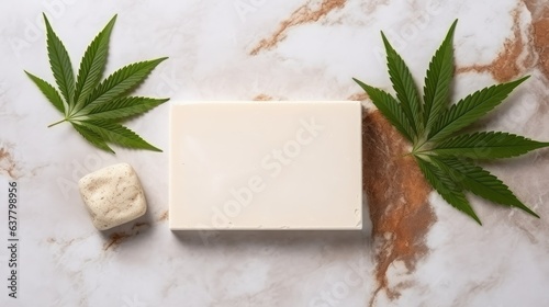 CBD soap with blank label next to cannabis leaves on marble table. Mockup image