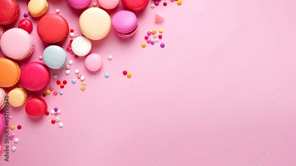 Colorful macaroons on a pink background used as a frame for a festive card . Mockup image